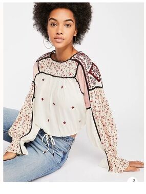 Free People Ivory Peasant Blouse with Red and Black Embroidery